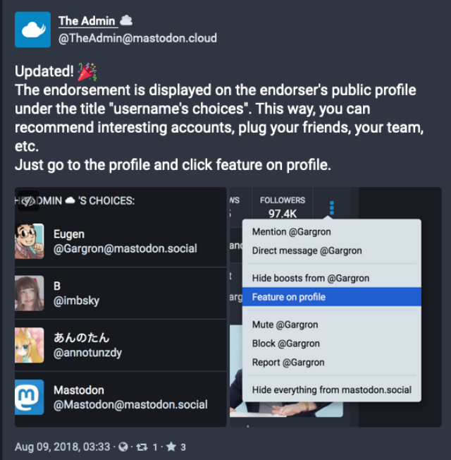 Screenshot of the Mastodon Web UI, showing Users's Choices section on a profile page.